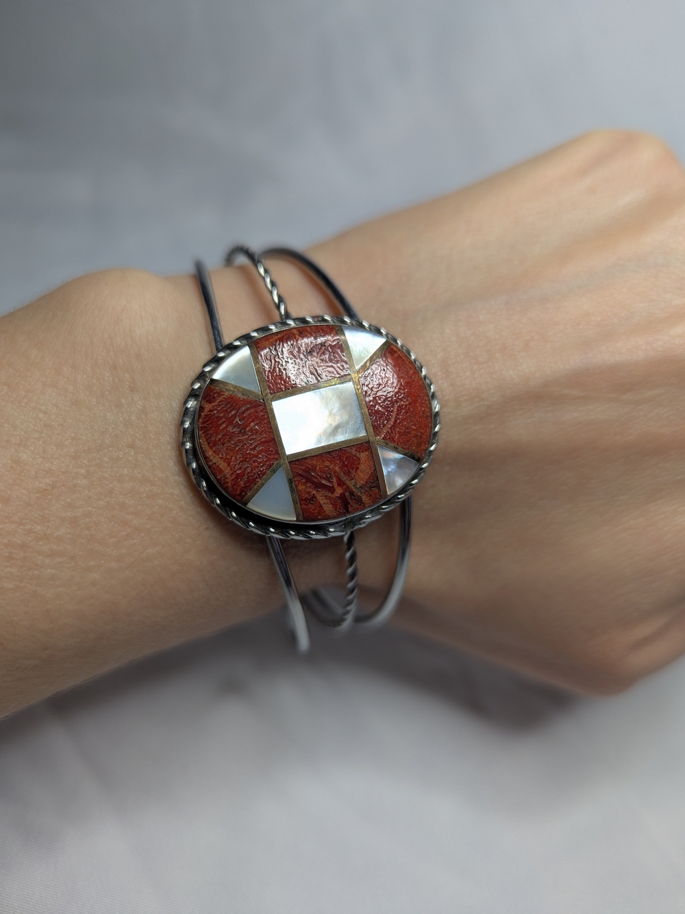 Silver Red Coral & Mother-of-Pearl Bangle Bracelet